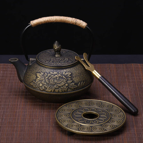 日本铁壶煮茶壶电磁炉烧水壶牡丹铁壶防烫茶具套装家用简约煮茶器 - 图1