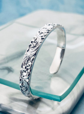 复古女纯银唐草手镯古法实心开品