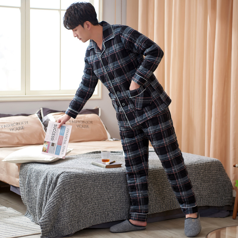 男士睡衣秋冬季纯棉加厚夹棉袄格子三层湖南省服可外穿家居服套装,淘宝优惠券,粉丝福利购,淘宝优惠卷