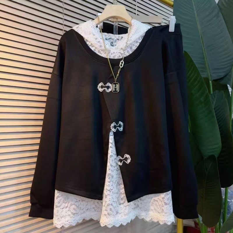 胖妹妹大码春季新款拼接蕾丝假两件套装女韩版洋气上衣裤子三件套,淘宝优惠券,粉丝福利购,淘宝优惠卷