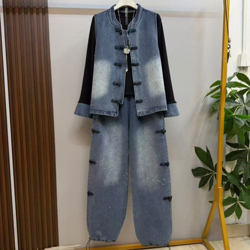 胖妹妹大码春季新款新中式牛仔三件套女盘扣马甲打底衫裤子套装潮,淘宝优惠券,粉丝福利购,淘宝优惠卷