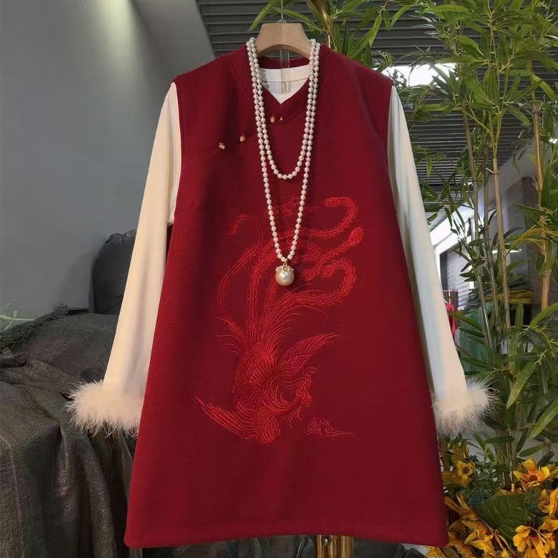 胖妹妹大码秋冬新款时尚套装女新中式国风刺绣红色马甲裙两件套潮,淘宝优惠券,粉丝福利购,淘宝优惠卷