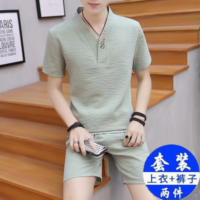 绿坝旗舰店中国风两件套男上衣中式民族服装短袖青年汉服唐装男装休闲潮套装1