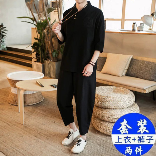 中国风两件套衣服短袖套装男宽松中式古风民族风汉服禅服禅意唐装 - 图3