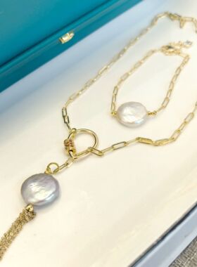 夏季百搭天然淡水纽扣珍珠炫光毛衣链项链手链套链套装长流苏链