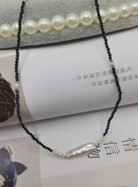 天然项链女款黑色尖晶石时尚流行款颈链锁骨链小银条巴洛克珍珠