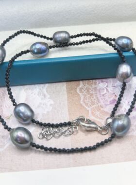 原创手工天然淡水黑珍珠大溪地色系米珠微瑕疵满天星项链黑尖晶石