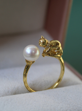 通体S925纯银小猫咪天然珍珠戒指