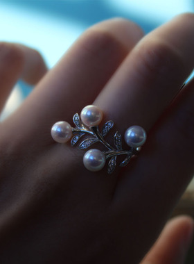 天然淡水极光珍珠枝叶5纯银戒指