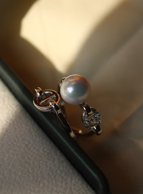 天然珍珠S925纯银镶钻猪鼻子戒指