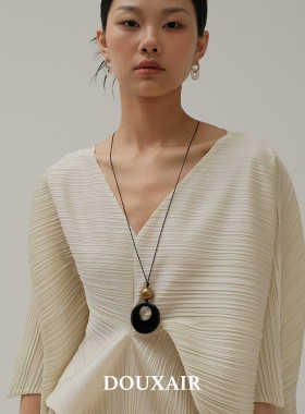 DouxAir天然黑玛瑙月亮石项链长款吊坠复古金属球编制蜡绳毛衣链