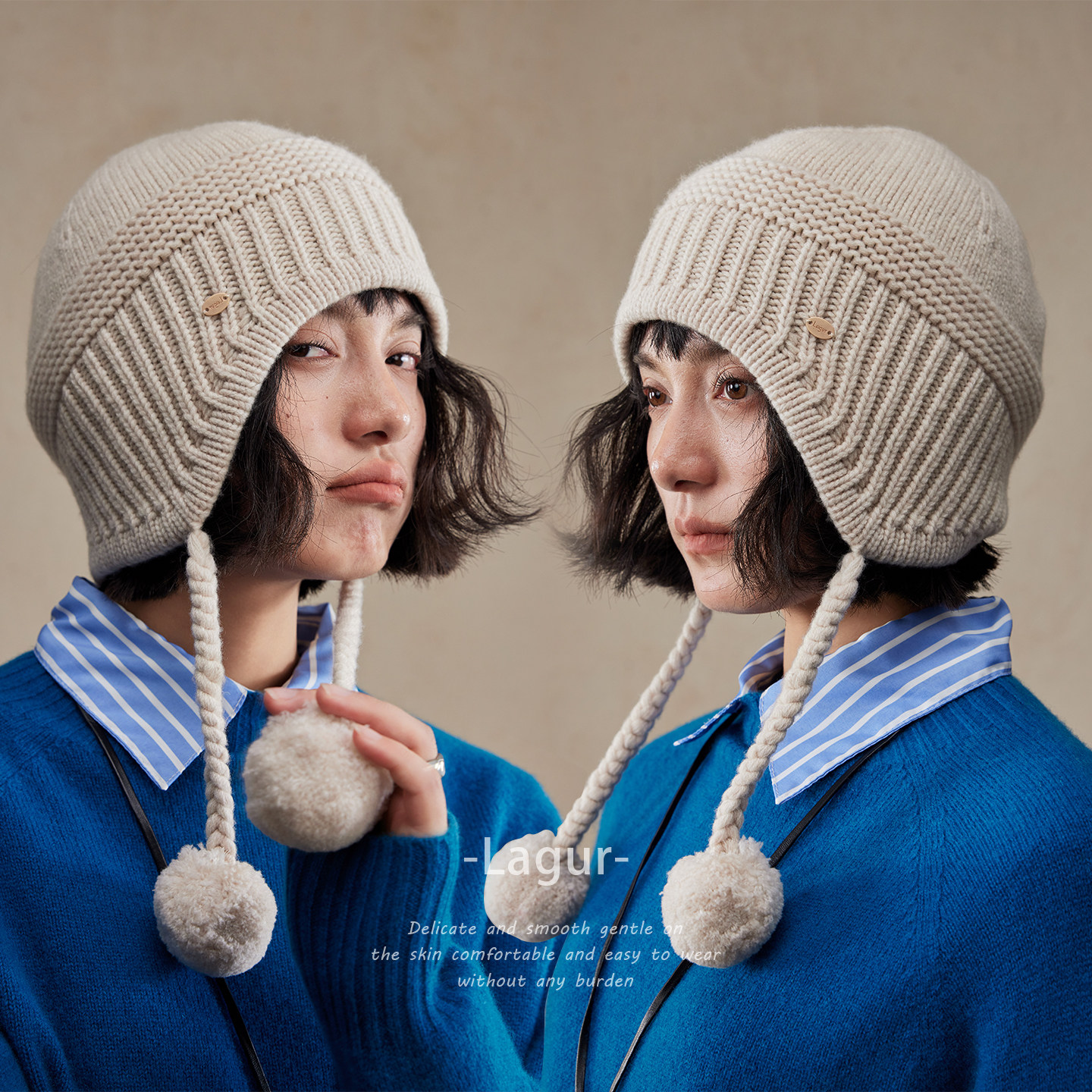 Lagur（精灵人间）可爱小辫子球加厚纯羊毛针织帽护耳帽子女生冬,淘宝优惠券,粉丝福利购,淘宝优惠卷