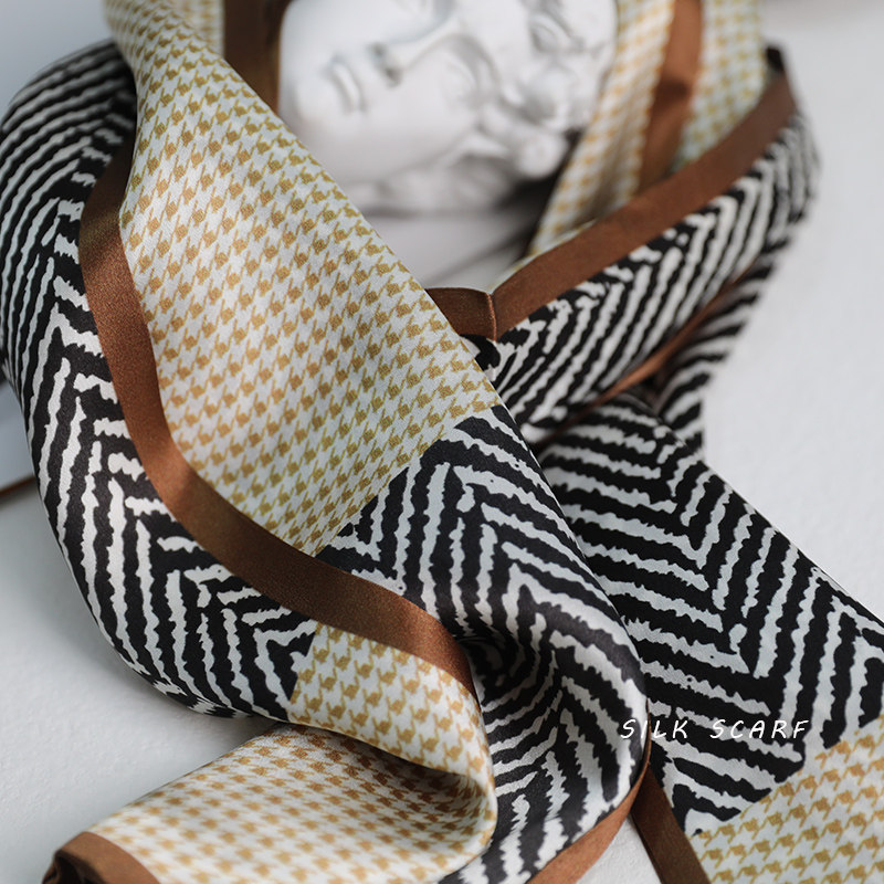 百搭款！斑马纹拼接千鸟格春秋女百搭真丝长条丝巾桑蚕丝装饰领巾,淘宝优惠券,粉丝福利购,淘宝优惠卷