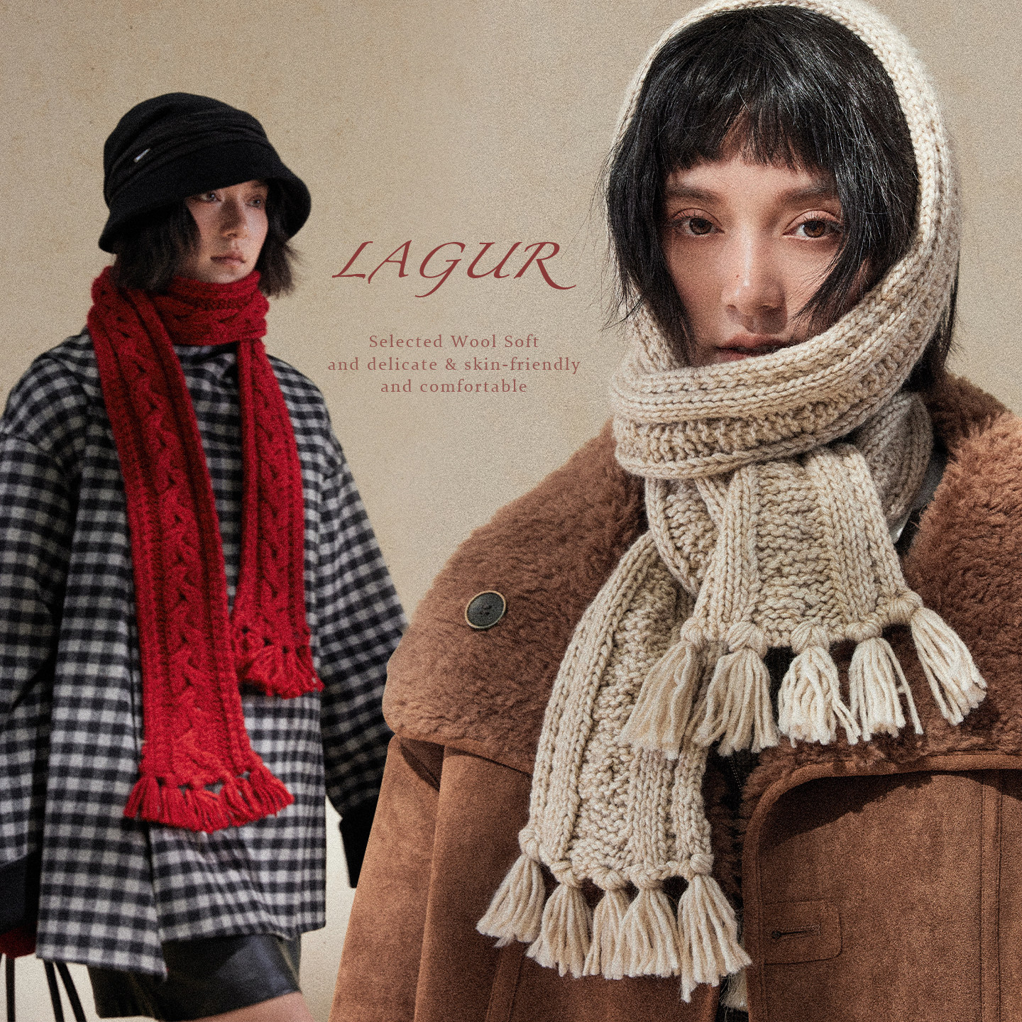 Lagur加长版＜异域可喜红＞粗针手工编织绞花流苏加厚围巾女冬季,淘宝优惠券,粉丝福利购,淘宝优惠卷