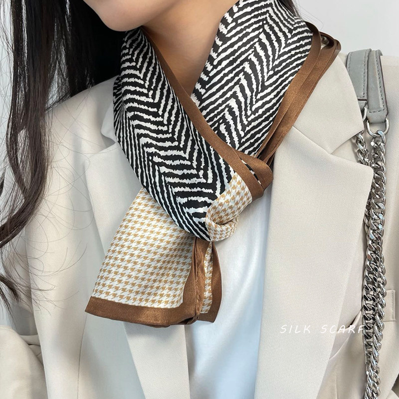 百搭款！斑马纹拼接千鸟格春秋女百搭真丝长条丝巾桑蚕丝装饰领巾,淘宝优惠券,粉丝福利购,淘宝优惠卷