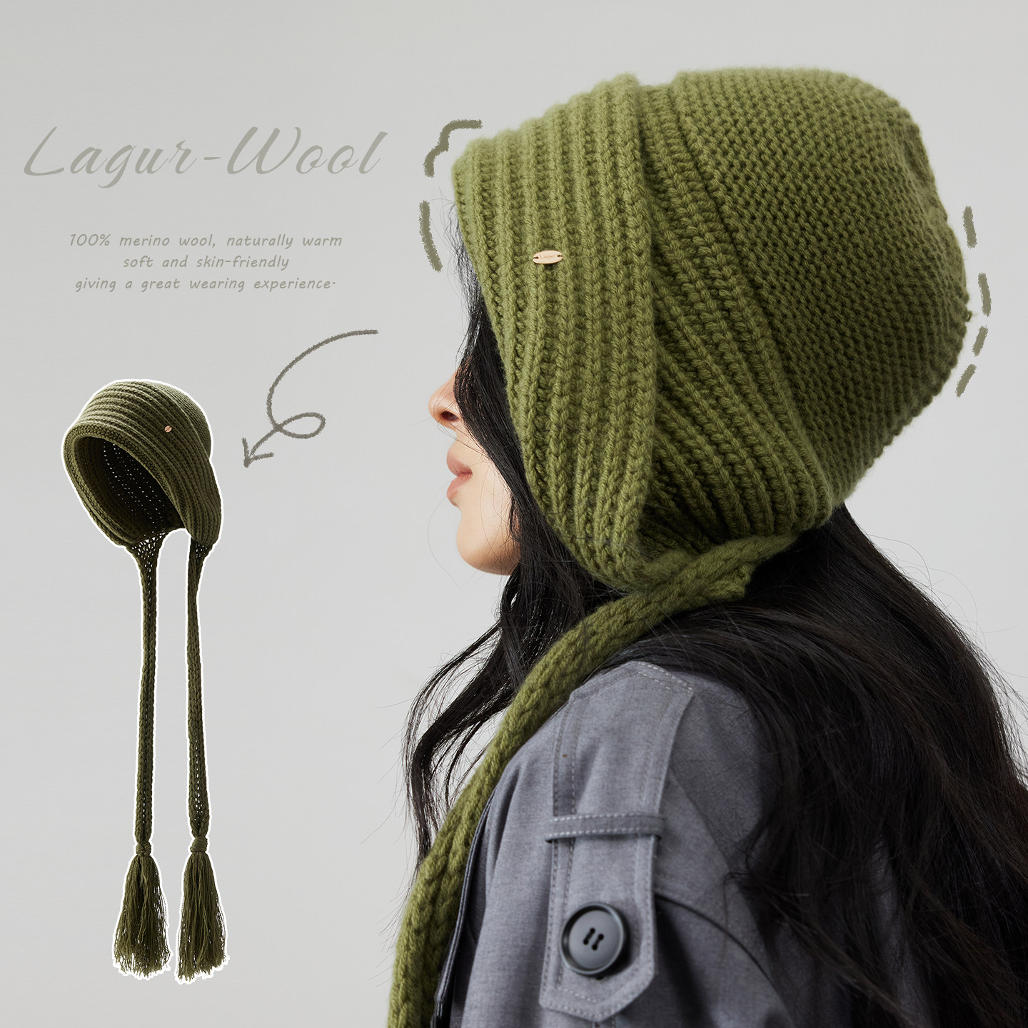 墨尔本冬！Lagur100%美利奴羊毛帽子带辫子加厚护耳女冬季针织帽,淘宝优惠券,粉丝福利购,淘宝优惠卷