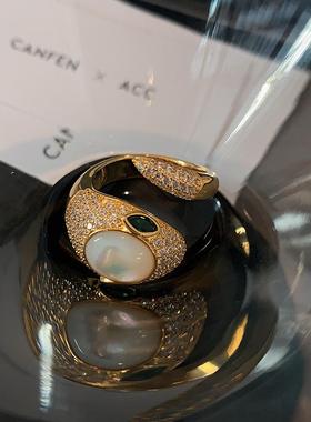 XMR宫廷复古满钻蛇形珍珠戒指女