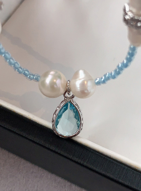 海蓝宝石项链女款2024新款水滴锁骨链轻奢高级感韩国天然珍珠颈链