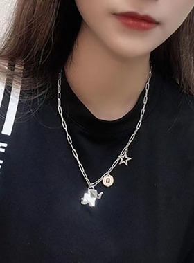 韩版S925银个性镂空星星项链女复古时尚创意折纸大象圆牌锁骨链饰