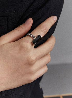 925纯银方无边锁链水晶个性指环时尚蹦迪轻奢高级设计感戒指