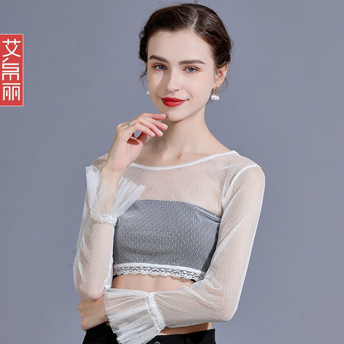 圆领t恤宽松薄款长袖女夏 时尚大领口防晒网纱罩衫蕾丝网纱上衣薄 - 图2