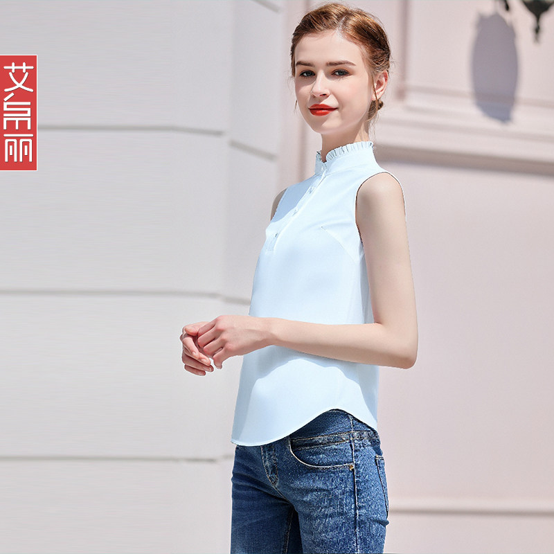 木耳边立领内搭无袖雪纺衬衫女百搭职业白衬衣套头打底衫四季叠穿,淘宝优惠券,粉丝福利购,淘宝优惠卷