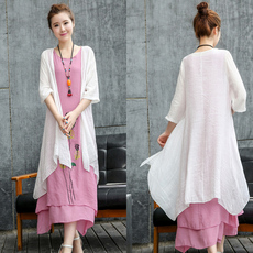 товар из китая 棉麻连衣裙女夏季2024新款文艺民族风汉服中长款背心裙亚麻两件套 Random Jane