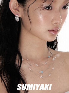 【蜜蜂欢乐社】SUMIYAKI水滴蓝色多层流苏项链透明冰晶耳环