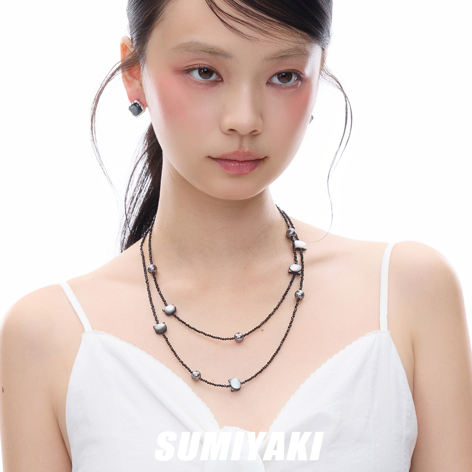 SUMIYAKI 凝光系列 黑蝶贝猫咪银色珍珠串珠长款项链叠戴情侣礼物 - 图3