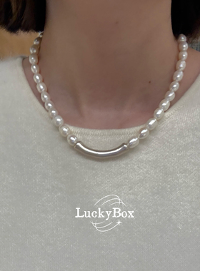 「French Chic」天然巴洛克珍珠足银做旧弯管法式复古项链毛衣链