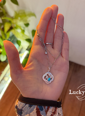 「蝶恋花」天然美松四叶草镂空花窗925纯银绿松石项链原创新中式