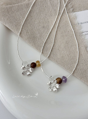 「雨落花枝」925银管拼接不规则天然黄水晶花朵项链时髦精锁骨链