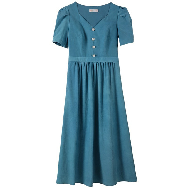 Stubborn summer new retro temperament v-neck puff sleeve waist dress short-sleeved dress 32232LQ08175