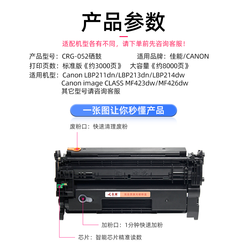 众诚易加粉适用佳能CRG-052硒鼓LBP211dn LBP213dn LBP214dw打印机墨盒imageCLASS MF423dw MF426dw碳粉墨粉 - 图0