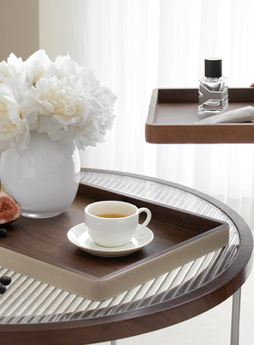 现代高档胡桃木托盘餐盘家用客厅桌面零食点心皮质收纳盘装饰摆件