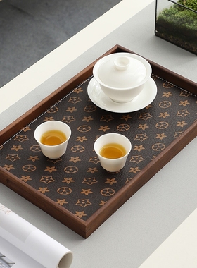 高档胡桃木皮革五角星长方形托盘轻奢实木收纳盘酒杯茶装饰品摆件