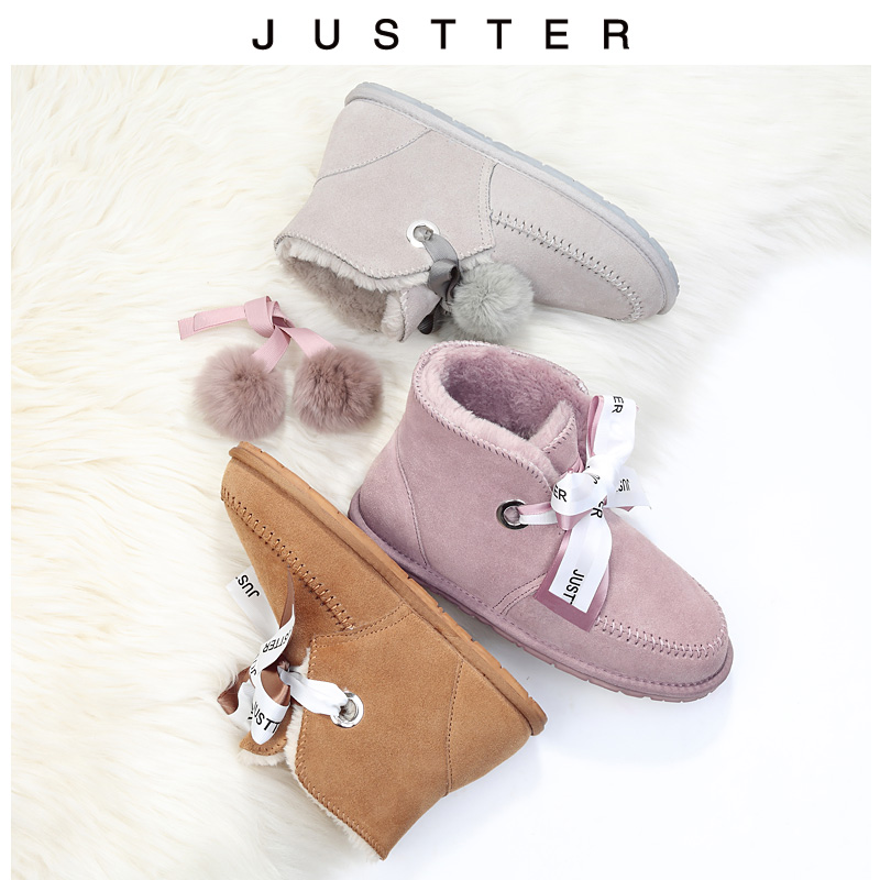 新款短筒冬凯琳两穿毛球蝴蝶结毛鞋加绒棉鞋 2019 雪地靴女 JUSTTER 新款短筒冬凯琳两穿毛球蝴蝶结毛鞋加绒棉鞋 2019 雪地靴女 JUSTTER