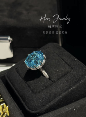 【莲花宝座】海蓝宝圆偏椭格子蛋戒指项链S925银