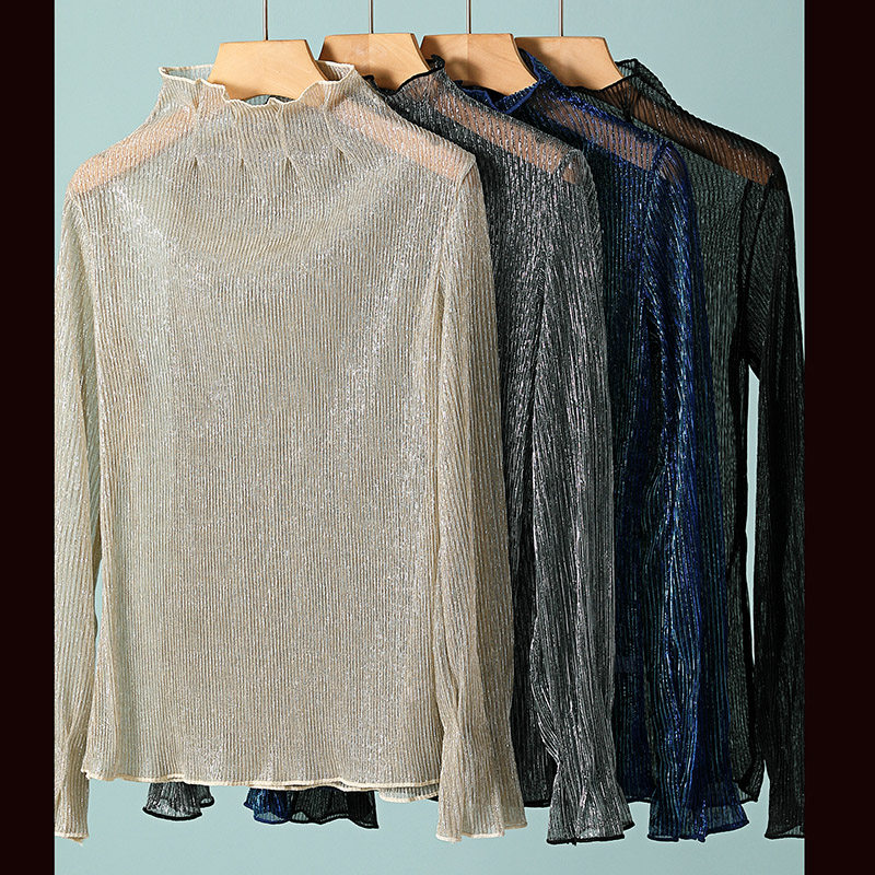 2021秋冬新款内搭蕾丝打底衫女喇叭袖压皱木耳边透明网纱长袖上衣,淘宝优惠券,粉丝福利购,淘宝优惠卷