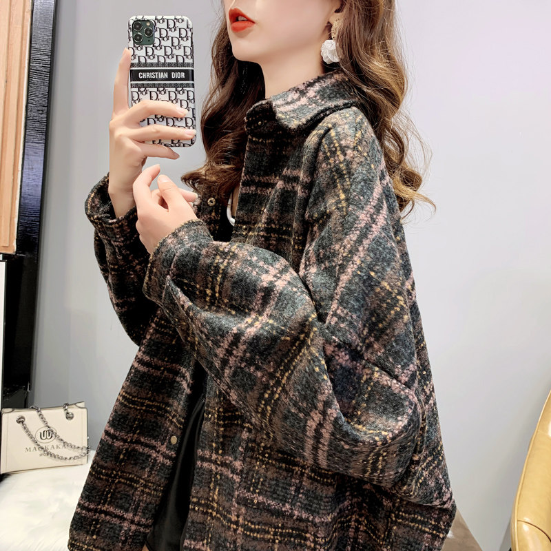 磨毛韩版宽松中长款格子女秋衬衫 卡卡小镇衬衫