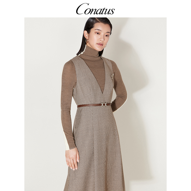 CONATUS/珂尼蒂思冬季新款简约千鸟格中长裙无袖V领收腰连衣裙女 - 图0