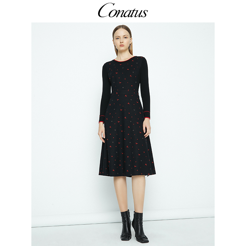 CONATUS/珂尼蒂思热销秋冬新款拼接撞色时尚气质连衣裙针织长裙女