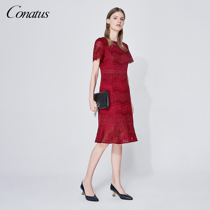 CONATUS/珂尼蒂思女装热销春季新款优雅浪漫蕾丝圆领短袖鱼尾裙女