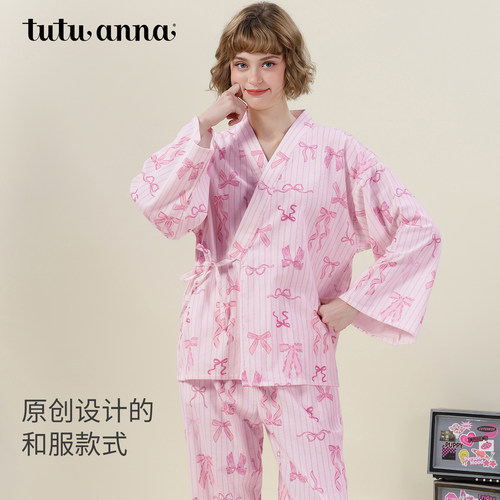 tutuanna秋冬全棉睡衣女磨毛竖条纹蝴蝶结满印长袖和服家居服套装 - 图2