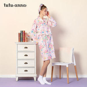 tutuanna家居服女双层纱可外穿日系ins格子花满印和服长袖睡裙女