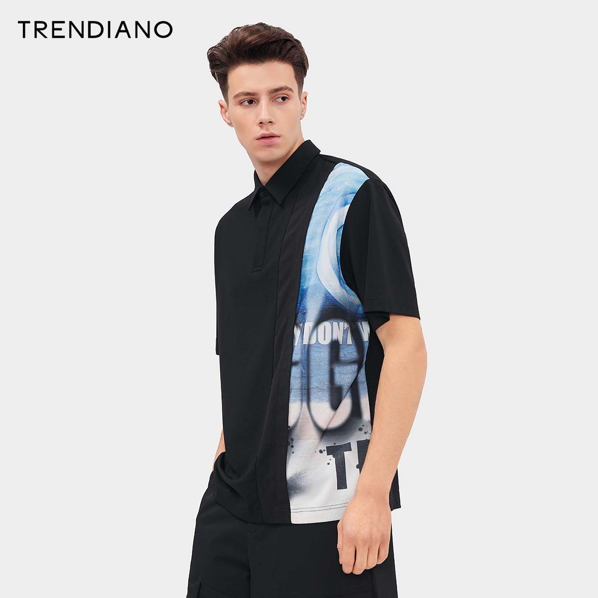 TRENDIANO艺术拼接Polo衫2024年夏季新款潮牌宽松休闲短袖上衣男 - 图0