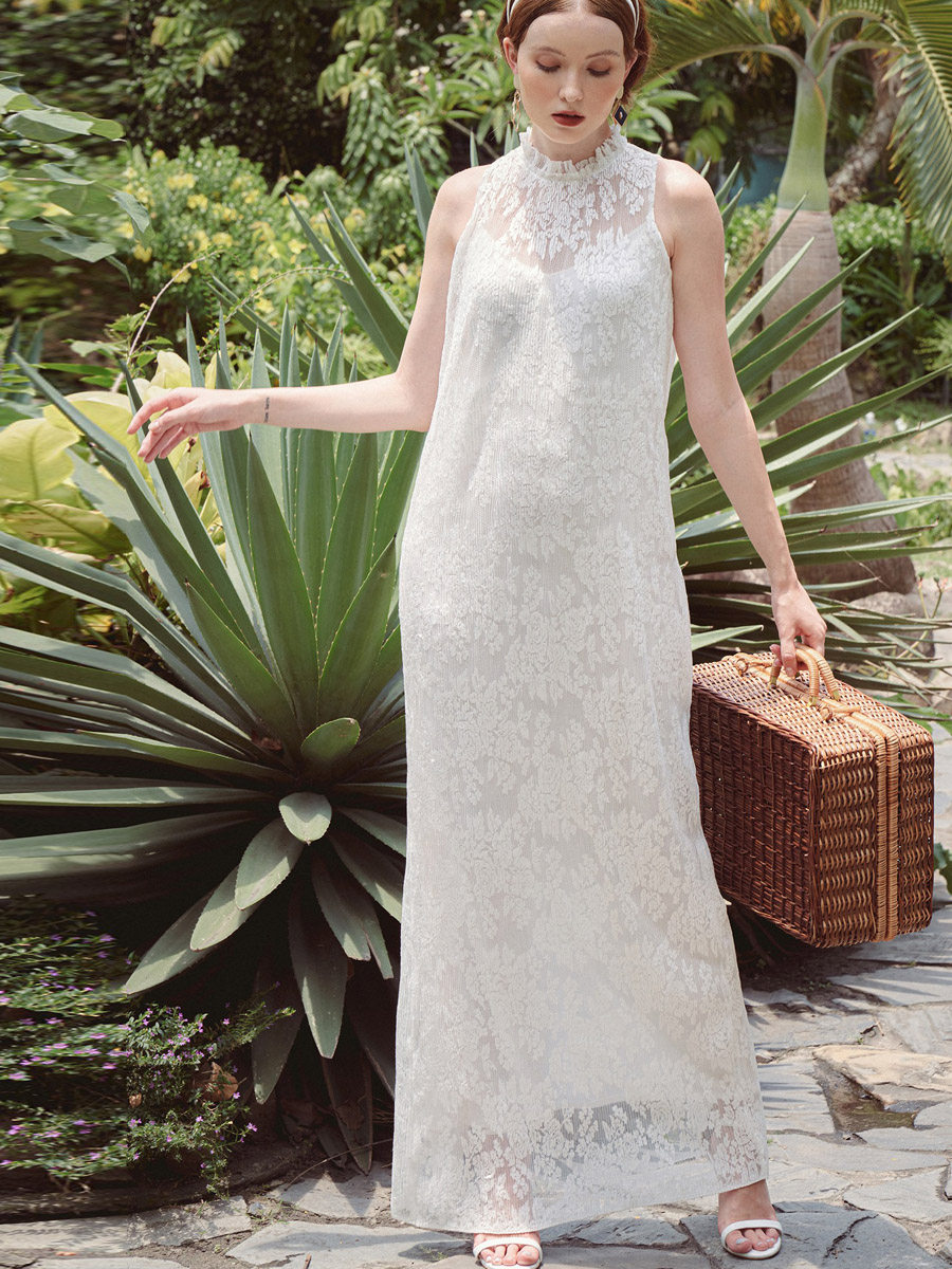 白色蕾丝木耳边高立领超长拖地长裙 知觉之门连衣裙