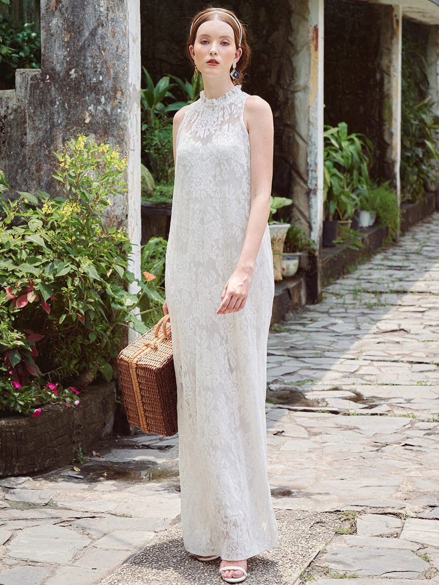 白色蕾丝木耳边高立领超长拖地长裙 知觉之门连衣裙
