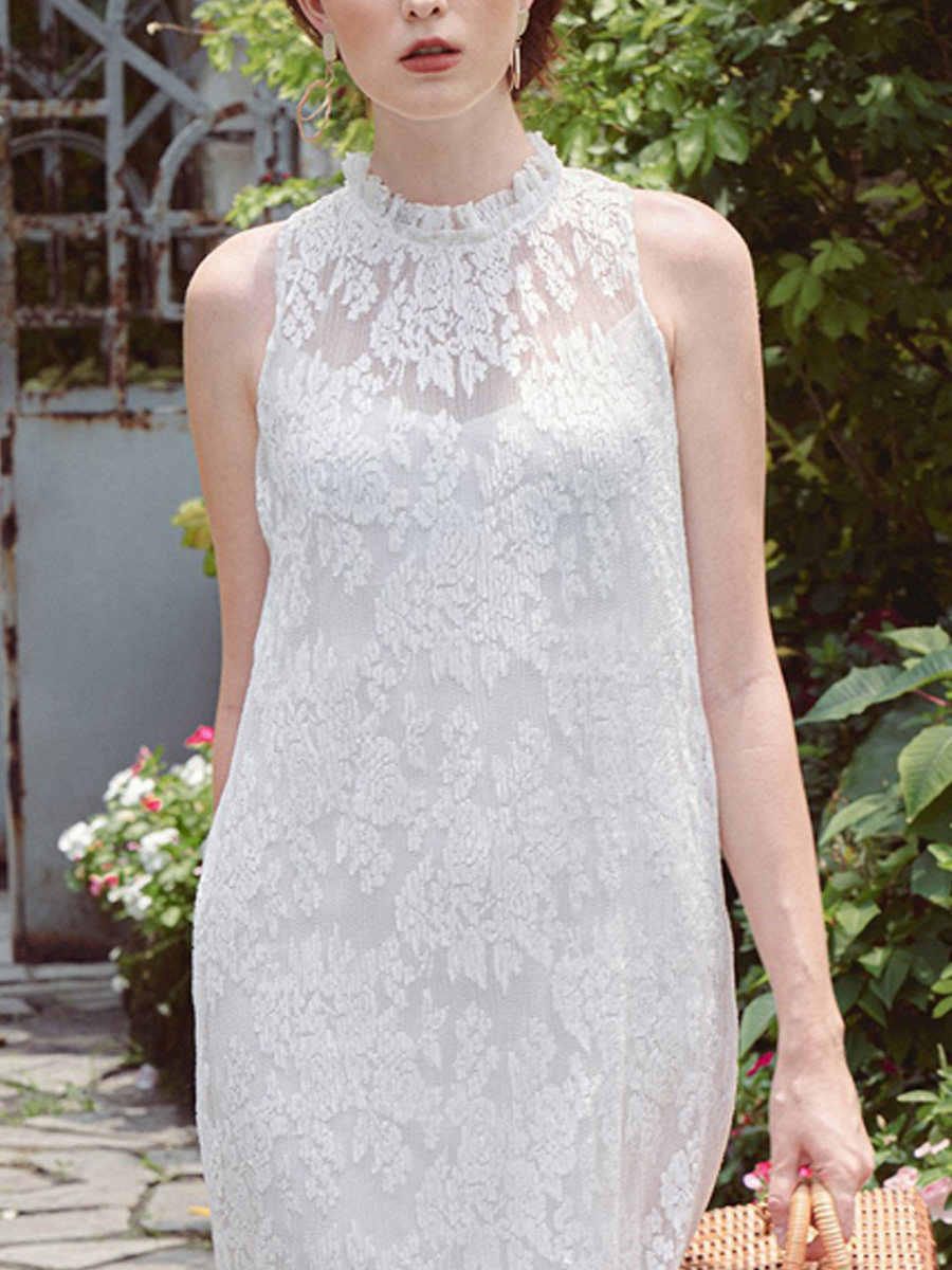 白色蕾丝木耳边高立领超长拖地长裙 知觉之门连衣裙