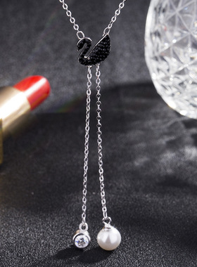 黑天鹅纯银韩版长款流苏吊坠项链
